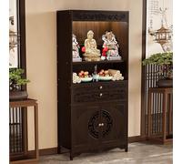 Altar Table, Solid Bamboo Buddha Altar Cabinet with Storage & Pull-Out Worship Table, Chinese Style Floor Shrine Stand with Carved Design, for Storage Altar Cabinet for Worship & Prayer,68.5" Tall