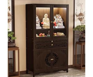 Altar Table, Solid Bamboo Buddha Altar Cabinet with Storage & Pull-Out Worship Table, Chinese Style Floor Shrine Stand with Carved Design, for Storage Altar Cabinet for Worship & Prayer,68.5" Tall