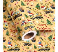 Altarho Construction Christmas Wrapping Paper for Kids - Funny Yellow Trucks Cranes Excavators tractor Gift Wrap Santa Hats Christmas Tree Design for Holiday Winter Birthday Celebration Decoration