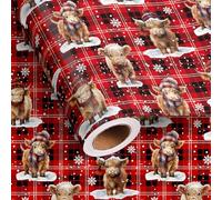 Altarho Highland Cow Christmas Wrapping Paper Roll for Kids Boys Girls - Funny Christmas Cow Design Retro Red Black Buffalo Plaid Gift Wrap for Winter Holiday Decoration Total 28.5sq.ft