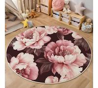 ALTCIRNMD 3D Brown Pink Peony Flowers Print Round Rugs Modern Carpets Living Room Rug,Watercolor Plants Extra Large Size Soft Anti Slip Washable Floor Mats For Bedroom Kids Room Decor,180Cm
