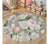 ALTCIRNMD 3D Pink Peony Tulip Print Round Rugs Modern Carpets Living Room Rug,Watercolor Plants Extra Large Size Soft Anti Slip Washable Floor Mats For Bedroom Kids Room Decor,200Cm