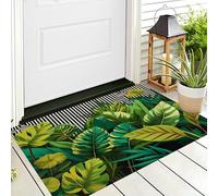 ALTCIRNMD 3D Yellow-Green Striped Brown-Green Leaves Doormat Flat Non-Slip Carpet Welcome Mat Indoor Outdoor Tropical Plants Rug Foot Pad For Front Door Bedroom Living Room Decoration,70X100Cm