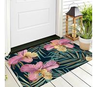 ALTCIRNMD Door Mat 3D Style Pink Green Orchid Palm Leaves Decor Door Mat For Indoor,40X60Cm Non-Slip Entrance Rug Machine Washable Soft Doormats Tropical Plants For Kitchen Bathroom Bedroom