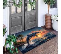 ALTCIRNMD Doormat 50X80Cm Non-Slip Welcome Mat Blue Palm Tree Dolphin Durable Front Doormat Backing Entrance Rectangular Outdoor Bath Landscape Illustrations For Patio Welcome Door Mat Areas