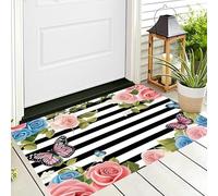 ALTCIRNMD Entrance Rug 60X90Cm 3D Black White Flower Stripes,Watercolor Landscape Non Slip Carpet Welcome Doormats,Floor Indoor Outdoor Mats Home Decoration For Front Back Door Mat