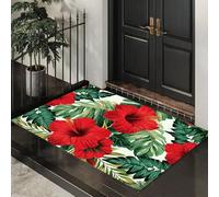 ALTCIRNMD Hibiscus Palm Leaves Tropical Botanical 60X90Cm Machine Washable Non-Slip Low Pile Indoor/Outdoor Rug - Waterproof Entrance Mat For Hallway, Kitchen, Front Door, Red Green