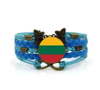 ALTCIRNMD Lithuania Flag Leather Woven Bracelet -Lithuanian Glass Dome Flag Wristband Adjustable Bangles,Fashion Patriotic Travel Souvenir Jewelry Gift For Men Women,Blue,17+5Cm
