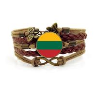 ALTCIRNMD Lithuania Flag Leather Woven Bracelet -Lithuanian Glass Dome Flag Wristband Adjustable Bangles,Fashion Patriotic Travel Souvenir Jewelry Gift For Men Women,Brown,17+5Cm