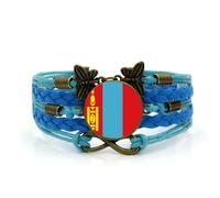 ALTCIRNMD Mongolia Flag Leather Woven Bracelet -Mongolian Glass Dome Flag Wristband Adjustable Bangles,Fashion Patriotic Travel Souvenir Jewelry Gift For Men Women,Blue,17+5Cm