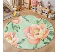 ALTCIRNMD Pink Green Peony Leaves Living Room Rug,200Cm 3D Round Area Watercolor Plants Design,Non-Slip Washable Carpet For Living Room Bedroom Kitchen & Office Home Decor Floor Mat
