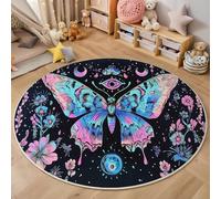 ALTCIRNMD Powder Blue Butterfly Flowers Round Area Rug Kids 3D Ink Insects Living Room Rugs For Bedroom Carpet Modern Floor Mat Accent Rug Family And Pet Cafe Office Decor,160Cm