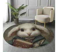 ALTCIRNMD Round Rug 120Cm For Indoor Outdoor Bedroom Kitchen,3D Book Rabbit Retro Animals Non-Slip Washable Durable Carpet Floor Mats,Blue-Green Home Hotel Decor Floor Rugs
