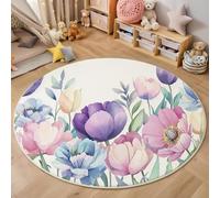 ALTCIRNMD Round Rug,200Cm 3D Pink Purple Peony Tulip Office Rug,Watercolor Illustration Foldable Wrinkle-Free Low Pile Carpet,For Living Room Bedroom Kitchen Apartment Welcome Entrance Durable Rugs