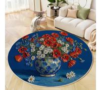 ALTCIRNMD Round Rugs For Living Room 60Cm,Poppy Vase Pattern Circle Rug Machine Washable Still Life Oil Painting Carpet Floor Rugs Non Slip Soft Carpet Rug For Bedroom Kitchen Home Decor,Red Blue