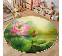 ALTCIRNMD Round Rugs Living Room 80Cm,Lotus In The Pond Pattern Area Rugs,Machine Washable Non-Slip Carpet,Low Pile Non-Shedding Elegant Plants Pattern Design Dining Room,Bedroom,Pink Green