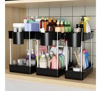 Altdnmaf 3 Pack Under Sink Organiser for Kitchen Storage & Organisation, 3 Sizes Cleaning Cupboard Organiser, Undersink Bathroom Cabinet Storage Organizer with 3 Hanging Cup and 4 Hooks, Black