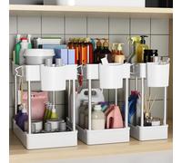 Altdnmaf 3 Pack Under Sink Organiser for Kitchen Storage & Organisation, 3 Sizes Cleaning Cupboard Organizer, Undersink Bathroom Cabinet Storage Organiser with 3 Hanging Cup and 4 Hooks, White