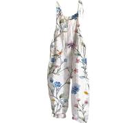 Alternative Clothing Dungarees Wide Leg Boho Print Jumpsuit Floral Loose Fit Playsuits Cotton Linen Summer Beach Sleeveless Rompers Bib Overalls Breathable Baggy Casual Holiday Trousers Leisure Wear