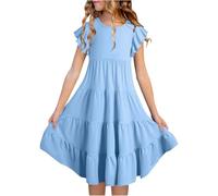 Alternative Jewelry Double Layer Flutter Sleeve Flowing A-Line Dress Casual Midi Dress with Gradient Girls Kids, lightblue, 14- 15 Years