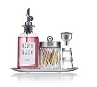 Altfun Glass Mouthwash Dispenser for Bathroom with Cups, Style Mouthwash Container Bottle with Qtip Holder,Glass Bottle 11.8oz Refillable Mouthwash Dispenser with Tray Funnel, Silver