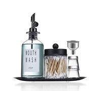 Altfun Mouthwash Dispenser for Bathroom,Glass Mouth Wash Container Bottle with Qtip Holder,Glass Bottle 11.8OZ Refillable Mouthwash Dispenser with Tray Cups Funnel (Black)