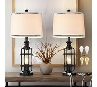Altgedecor 26.3”Table Lamps Set of 2 with USB Charging Ports,Farmhouse Bedside Nightstand Lamp with Rotary Switch,Rustic Reading Lamps Industrial Desk Lamps for Bedroom Living Room,Bulbs Included