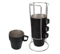 Althwuyu Camping Double Layer Cups, 4PCS Stackable Stainless Steel Coffee Cup Set with Rack and Storage Bag for Outdoor Picnic and Travel, Black (Black)