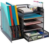 ALTOS OFFICE AND HOME Metal mesh desk organizer with 1 sliding drawer, 5 horizontal trays and 2 vertical sections, with 2 compartments for pencils and accessories.