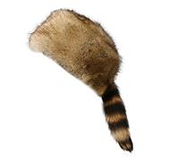 Altsuceser Faux Fur Raccoon Tail Coonskin Cap, Round Flat Top Boone Hat Raccoon Tail Hats for Winter One Size