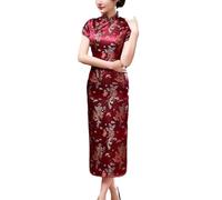 Altsuceser Women's Floral Print Cheongsam Short Sleeve Mandarin Collar High Side Split Chinese Knot Buttons Qipao Traditional Dress Purplish Red 4XL