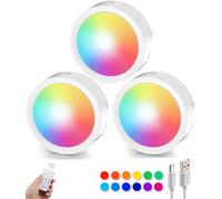 ALTUY Rechargeable Push Lights USB with Remote, RGB Changeable Tap Light Dimmable Puck Lights Stick On Closet Lights Wireless LED Touch Lighting for Under Cabinet, Bedroom Closet or Classroom 3 Pack