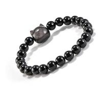 Aluckiss 8mm Black Obsidian Bracelets for Women Men 6.8 inch Round Cute Cat Head Beaded Stretch Bracelet Natural Gemstone Handmade Polishing Stone for Spiritual Healing Meditation Yoga