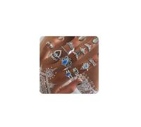 Aluinn 13pcs Boho Rings silver rings for Women, Blue Crystal Knuckle Stacking Rings Set Crystal Rhinestone Finger Ring Vintage Rings Lotus Turtle garland Love beach jewelry