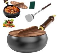 Alula777 Hand Forged Japanese Non Stick Frying Pan, Japanese Iron Frying Pan with Wooden Lid, 28cm Uncoated Stainless Steel Frying Pan for Natural Cooking, Gas and Inductio Stove