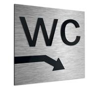ALÚMADESIGNCO Downstair WC Door Signs - Toilet this Way Arrow Sign - Directional Arrows Right Downstairs Signage - Toilets Room Direction Plate - Unisex Restroom Plaque - 120 x 120 mm