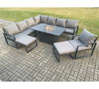 Fimous Aluminium 10 Seater Garden Furniture Outdoor Set Patio Lounge Sofa Gas Fire Pit Dining Table Set with Chair 2 Big Footstools Dark Grey