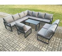 Fimous Aluminium 10 Seater Patio Outdoor Garden Furniture Lounge Corner Sofa Set with Oblong Coffee Table Dark Grey