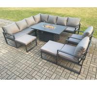 Fimous Aluminium 11 Seater Garden Furniture Outdoor Set Patio Lounge Sofa Gas Fire Pit Dining Table Set with 2 Chair 2 Big Footstools Dark Grey