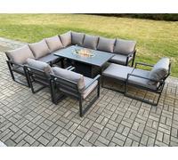 Fimous Aluminium 11 Seater Garden Furniture Outdoor Set Patio Lounge Sofa Gas Fire Pit Dining Table Set with 3 Chairs Big Footstool Dark Grey