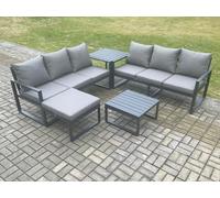 Fimous 7-Seater Aluminium Outdoor Sofa Set | 5 Pieces, Square Coffee Table, Large Footstool, Side Table | Dark Grey