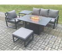 Fimous Aluminium 5 Pieces Garden Furniture Sofa Set with Cushions Gas Fire Pit Dining Table Set with Side Table Big Footstool Dark Grey