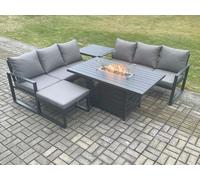 Fimous Aluminium 7 Seater Outdoor Garden Furniture Lounge Sofa Set Gas Fire Pit Dining Table with Big Footstool Side Table Dark Grey