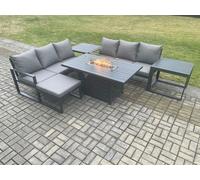 Fimous Aluminium 7 Seater Outdoor Garden Furniture Lounge Sofa Set Gas Fire Pit Dining Table with Big Footstool 2 Side Tables Dark Grey