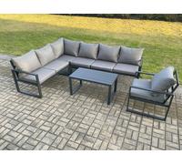 Fimous Aluminium Garden Furniture Set Outdoor Indoor Lounge Corner Sofa Chair Oblong Coffee Table Sets Dark Grey 7 Seater