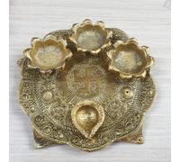 Aluminium Golden Color Plated Diya Platter Plate for Puja Diwali Gift Items Deepawali Decorations Indian Dhanteras Pooja Lakshmi Ganesha murti