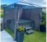 Aluminium Hipped Roof Gazebo With Tinted Polycarbonate Roof And Side Curtains, Grey, 2.6X2.6M