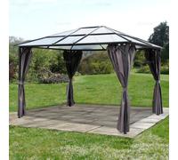 Aluminium Hipped Roof Gazebo With Tinted Polycarbonate Roof And Side Curtains, Grey, 3.0X3.6M