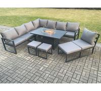 Aluminium Lounge Corner Sofa Outdoor Garden Furniture Sets Gas Fire Pit Dining Table Set with 3 Footstools Fimous Dark Grey One Size