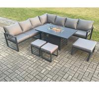 Aluminium Lounge Corner Sofa Outdoor Garden Furniture Sets Gas Fire Pit Dining Table Set with 3 Footstools Dark Grey Fimous Dark Grey One Size